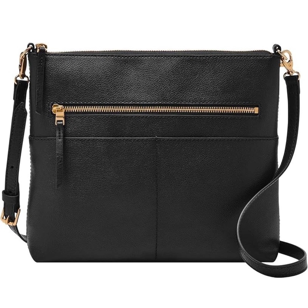 Fossil Fiona Crossbody Pebbled Leather Purse Black Gold Detachable Strap